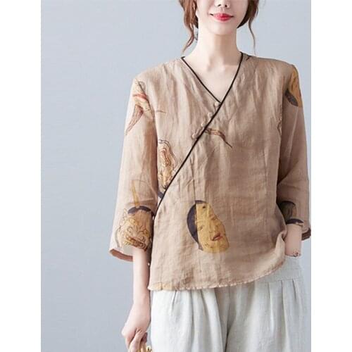 Women Summer Loose Casual T-shirts New Arrival 2021 Arts Style Vintage V-neck Print Female Cotton Linen Tops Tees B610