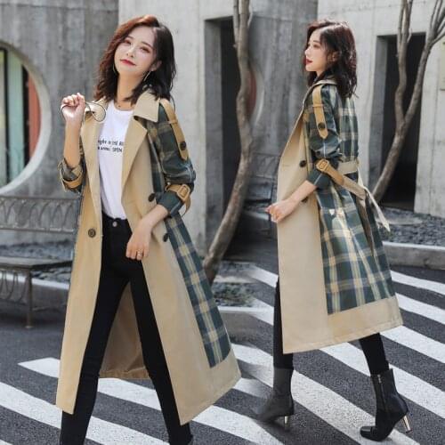 2020 New Spring/Autumn Windbreaker Korean version Loose large size jacket coat ladies fashion lattice joint long Parkas tide