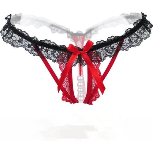 Sexy Hot T Panties Women Underwear Lace Seamless Thong Pearl T Back Bow Lace Open C Underwear No Rot Charming Sexy Lingerie