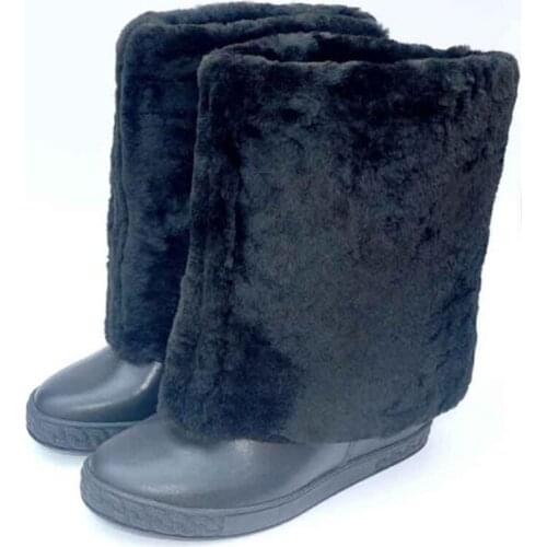 Lady Black Fur Leather Height Increasing 8 cm Hidden Wedge Heel Round Toe Mid-calf Short Boots Fashion Warming Winter Boots