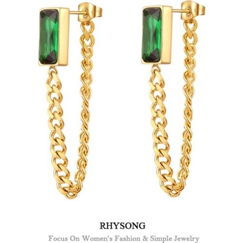 RHYSONG Green Stone Statement Stud Earrings Hip Hop Back Hanging Chain Gothic Designer Unique Pendientes Jewelry Gift For Women