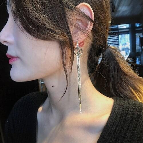 Retro Long Chain Circle Hollow Tassel Starry Bling Rhinestone Silver Plated Needles Women Dangle Earrings & Drop Earrings