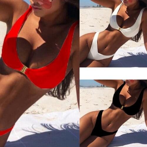 Womens Sexy 2 Piece Bikini Set Scoop Neck Metal Buckle Front Bra Swimsuit Low Waist High Cut Thong Solid Color Bathing Beachwear