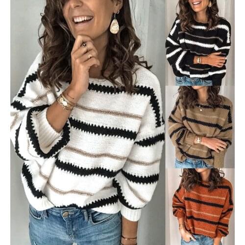 Winter White Knitted Sweater Women O-Neck Striped Colorblock Sweater Pullover Long Sleeve Ladies Knitwear Causal Pull Femme