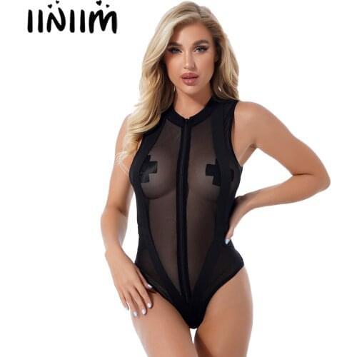 Women Sheer Mesh Sleeveless Swimsuit Bodysuit O Neck Elastic Band Patchwork Leotard Zipper Catsuit Ladies Transparent Lingerie