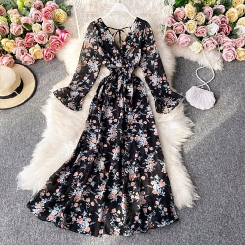 2021 French Spring Summer Womens Floral Chiffon Dress Femme Robe Long Sleeve Fashion Sexy V-Neck Vintage Dress Korean Clothing