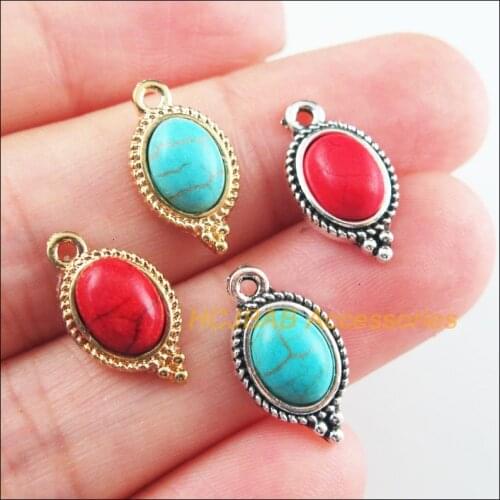 15Pcs Retro Gold Color Tibetan Silver Tone Oval Blue&Red Stone Charms Pendants 9x17mm