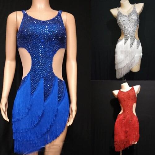 Sparkly Rhinestone Dress ChildrenS Latin Dance Dress Red Tassel Net Yarn National Standard Dress Adult Stage Costume XS2553