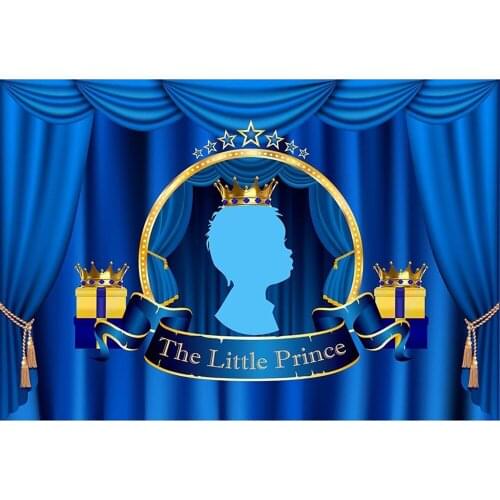 Blue Curtain Background For Photography Little Boy With Gloden Crown Backdrop For Boys Birthday Party Baby Shower Photo Props