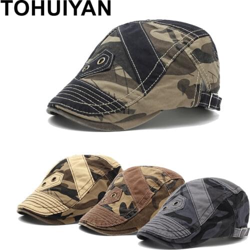[TOHUIYAN] Retro Camo Newsboy Caps Classic Cotton Cabbie Cap Vintage Boina Flat Cap Casual Beret Hat Summer Autumn Driving Hats