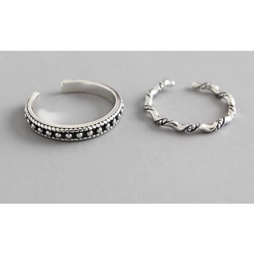 Antique Silver S925 Sterling Silver Open Rings Bead Twist Wave Adjustable Finger Rings Fashion Silver Jewelry Woman Xmas Gift
