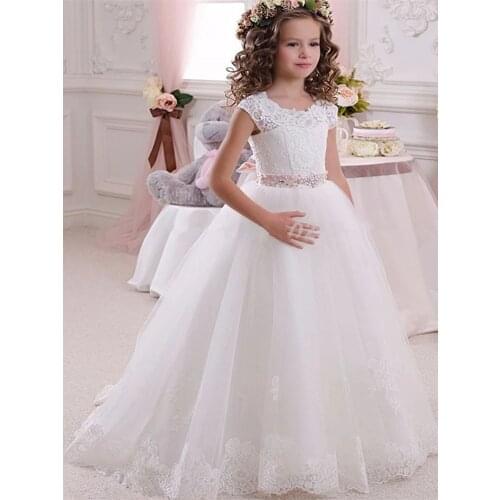 Pearls Lace Applique Tiered White Flower Girl Dress for Wedding Tulle Children Ball Gown Birthday Party Communion Wears