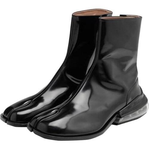 Fashion Women Split Toe Chunky Heel Ankle Boots Patent Leather Botas Mujer Sexy Motorcycle Boots Ladies Black White Short Bootie