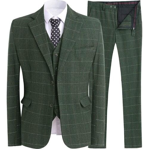 Men Suit New Classic Tuxedos Modern Plaid Suits Blazer 3 Piece Tweed Wool Formal Business Suit Jacket