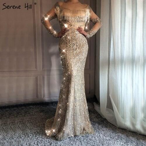 Newest Long Sleeves Luxury Slim Sexy Evening Dresses 2020 Mermaid Tassel Beading High-end Fashion Evening Gowns LA6467