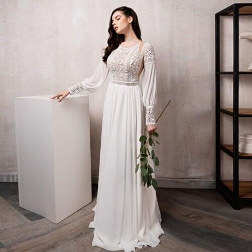 New Summer Boho Lace Long Sleeves Bridal Wedding Dresses Jewel Neck Illusion Buttons Back Wedding Gowns for Bride 2021 On Sale