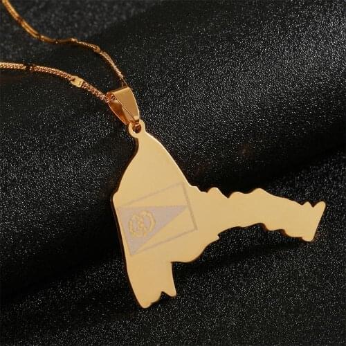 Stainless Steel Gold Color Eritrea Map Flag Pendant Necklaces Map Jewelry