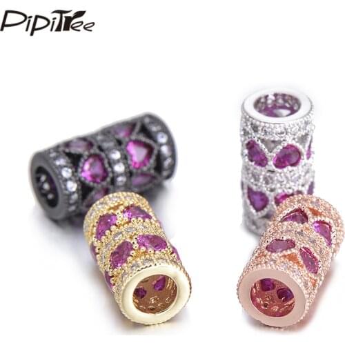 Pipitree Heart Cut Pink Zircon Tube CZ Charms & Beads fit Bracelet Necklace Big Hole Copper DIY Jewelry Bead Spacer Accessories