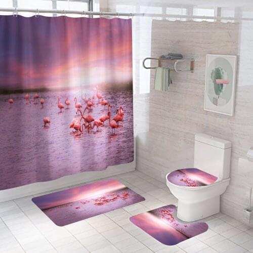 Romantic Pink Flamingo Aniaml Dog Cat Durable Waterproof Shower Curtain With 12 Hooks Non-Slip Bathroom Mat Rugs