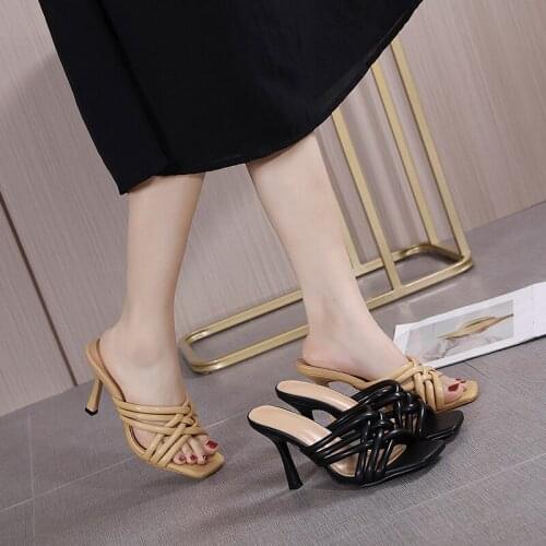 2021 Women Comfortable Square Head Sandals Summer Slippers New All-Match Open Toe High Heel Single Shoes Thin Stilettos