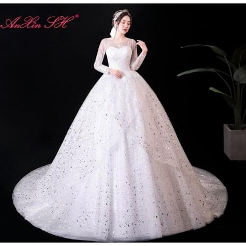 AnXin SH princess sparkly white lace evening dress vintage silvery star sequins o neck long sleeve illusion bride evening dress