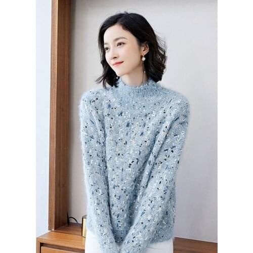 Half high-neck colorful dotted line sweater womens pullover thick line knit top loose in autumn and winter