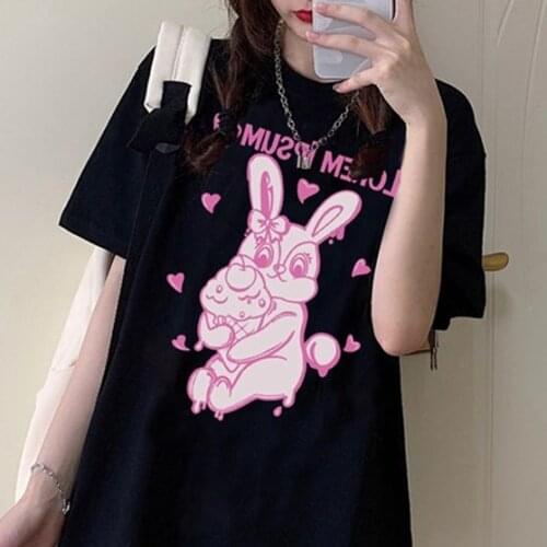 Harajuku Bunny Print Black Crop Women T-shirts Mall Goth Streetwear Short Sleeve Top Tee Female Kawaii y2k Mujer Gothic Kpop
