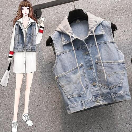 Real shot large womens hooded denim jacket 2021 spring new loose and thin fashion versatile Denim Vest
