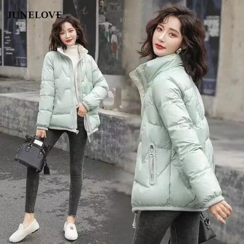 Womens Short Cotton-padded Jacket Shiny Cotton Down Padded Pocket Keep Warm Jacket Korean Style Loose Stand Collar Thick Coat