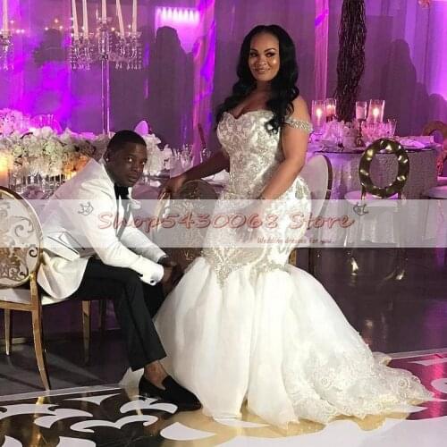 Plus Size Off the Shoulder Mermaid Wedding Dresses Bling Beaded Appliques Sequined Wedding Gown Backless Tulle Bridal Dress