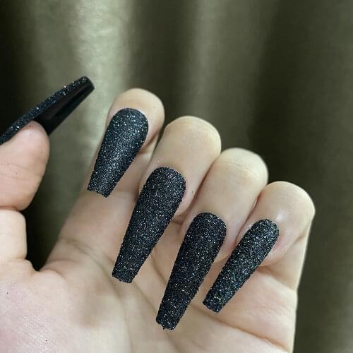 20 Pieces Euramerican Finger False Nail Press on Phototherapy Black Glitter Powder Ultra Long Ballet Fake Nail Tips for Girl