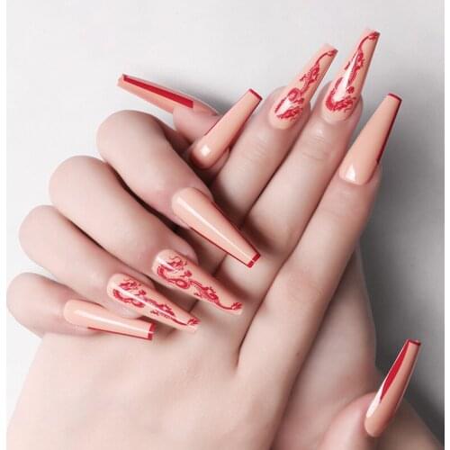 24pcs Fake Nails With Glue Trapezoidal Comfortable Durable Coffin Nail Stickers Finished False Nail Press On Nails Pre Design DL