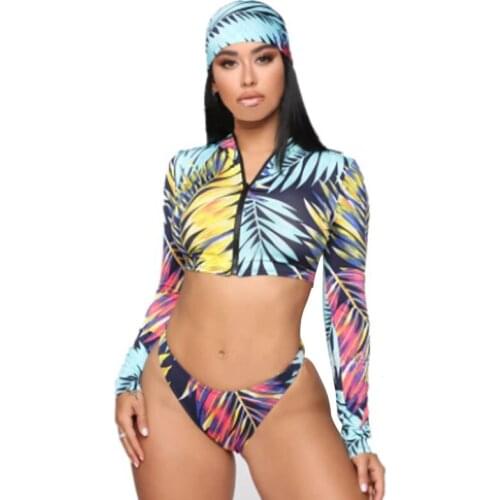 3Pcs Women Printed Bikinis Sets Swimwear 2020 New Fashion Female Long Sleeve Zipper Crop Tops+Trunks+Swimming Cap Swimsuits