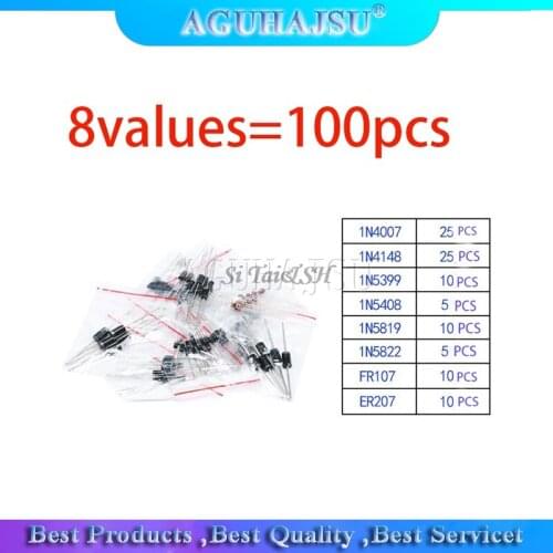 8values=100pcs 1N5399 1N5408 1N4148 1N4007 1N5819 1N5822 FR107 FR207 Switching Diode component diy kit original