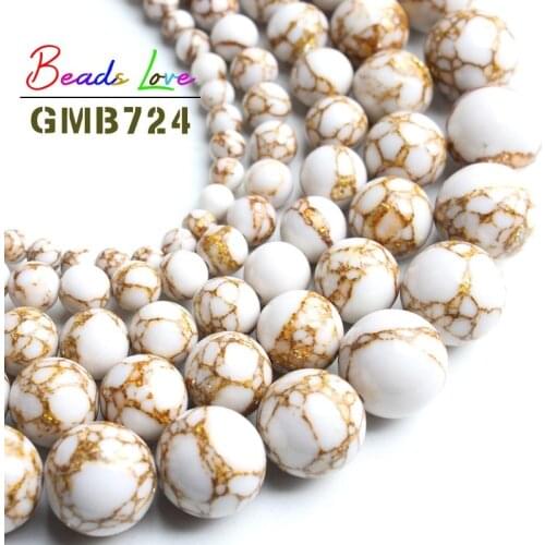 Natural Stone White Gold Line Turquoises Round Loose Beads For Jewelry Making DIY Bracelet Necklace 4 6 8 10 12mm 15 Inches