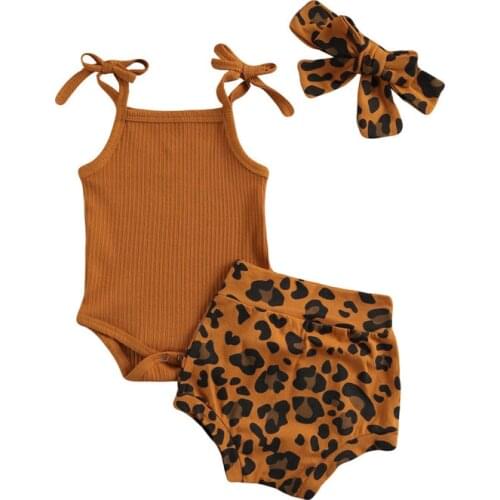 2021 Summer Infant Newborn Girls 3 Pcs Outfits Suits Sling Tank Tops Romper Tops + Leopard Shorts + Headband Sets