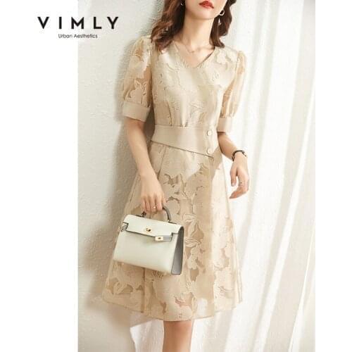 VIMLY Summer Dresses For Women Elegant V Neck Mesh Floral Dress Puff Sleeve Office Lady Irregular Belt Vintage Dress Women F7971