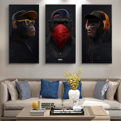 Wall Painting Poster and Prints Canvas Wall Art Pictures Animal Chimps with Earphone and Sunglasses for Living Room Home Decor