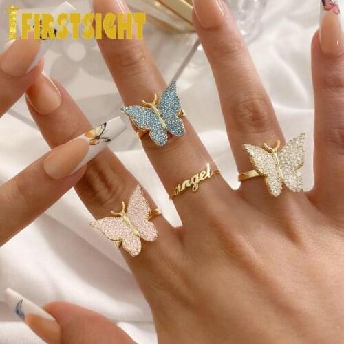 New Pink Blue cCZ Butterfly Vermeil Ring Gold Color Open Adjust Size Resizable Anima Ring Engagement Wedding Women Jewelry