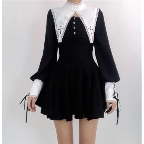 Autumn Women Lolita Black Long Sleeve Dress Gothic Harajuku Punk Sweet Dress Preppy Style Kawaii Fashion Temperament Mini Dress