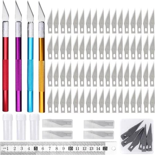 LMDZ 4Pcs Sharp Carving Knives with 70Pcs Bottle Blade Stainless Steel Ruler Exacto Knife for Art Sculpture Wood Leather Working