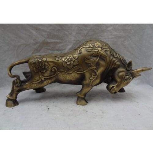 Song voge gem S2494 12" Chinese Zodiac Bronze FengShui Home Set Wealth Flower Bull Ox Statue Animal