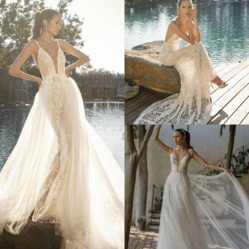 2020 Wedding Dresses Spaghetti Straps Lace Appliques Bridal Gowns Custom Made Backless Sweep Train A-Line Wedding Dress