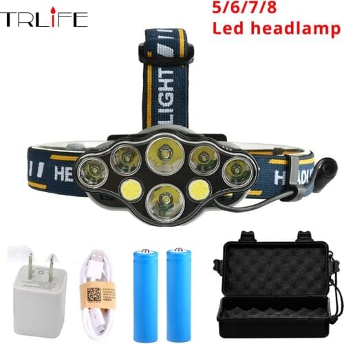 8 Modes LED Headlamp COB 5/6/7/8 LED T6+COB Headlight usb lamp for Camping torch+2*18650 battery+usb cable+charger+Gift box