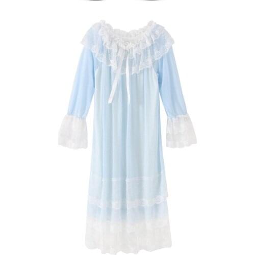 Women Sweet Ruffles Trim Nightdress Blue Homewear Full Sleeve O-Neck Sleepwear Cute Lace Bow Princess Nightgown Long Sleepshirts
