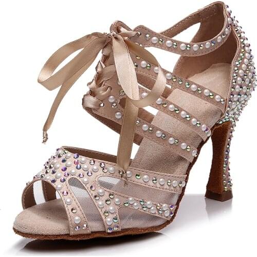 Woman Pearl Latin Ballroom Dance Shoes for Gilrs Nude Black Wlatz Salsa Dancing Sheoes for Wedding Kids Soft Botoom Latino Shoes