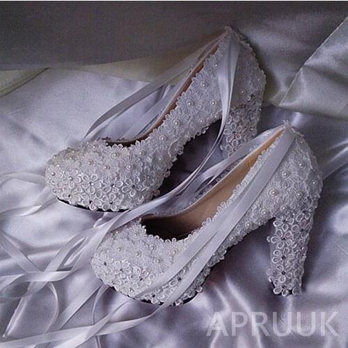 High 11CM heels white lace pearls pumps shoes for woman luxury handmade plus size wedding bridal brides lace pumps shoes