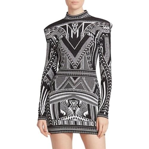 Free Shipping Wholesale New Womens Black White Knitting Jacquard Long Sleeve Luxurious Celebrity Cocktail Party Bandage Dress