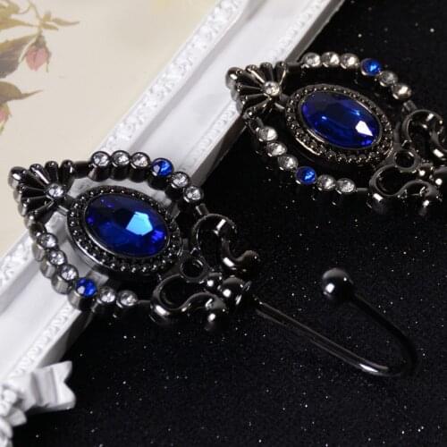 2pcs Luxury Rhinestone Gem Curtain Hook Vintage Crown Flower Metal Alloy Tieback Buckle Holders Wall Hooks Hanger Home Decor