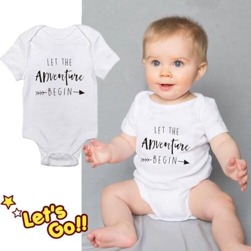 2020 Cotton Newborn Baby Clothes Short Sleeve Girl Boy Clothing Let The Adventure Begin Design Rompers Costumes White